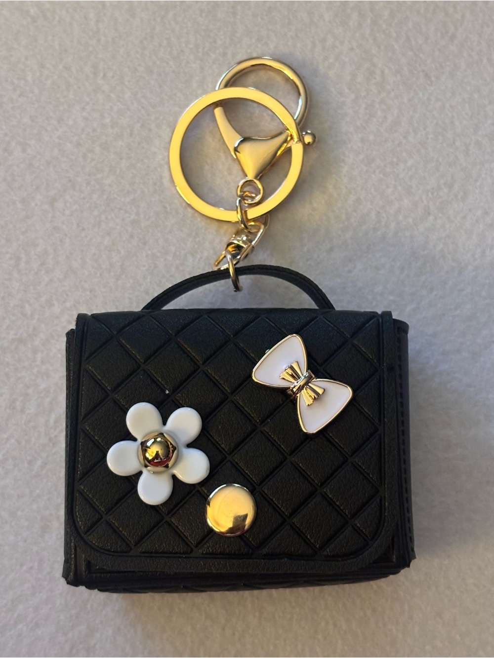 Black Quilted Mini Purse Keychain Bag Charm with Bow & Flower